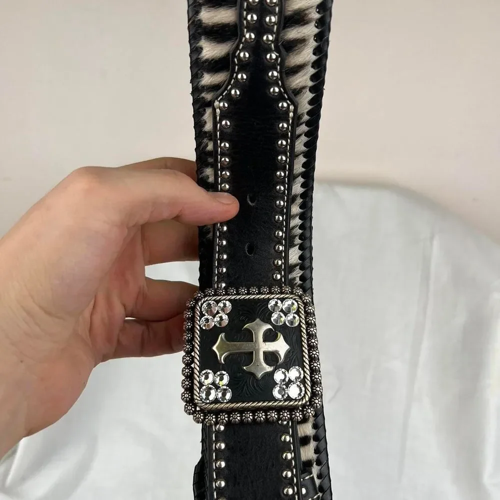 Nocona Wide Zebra Print Western Belt Black With Silver Studs